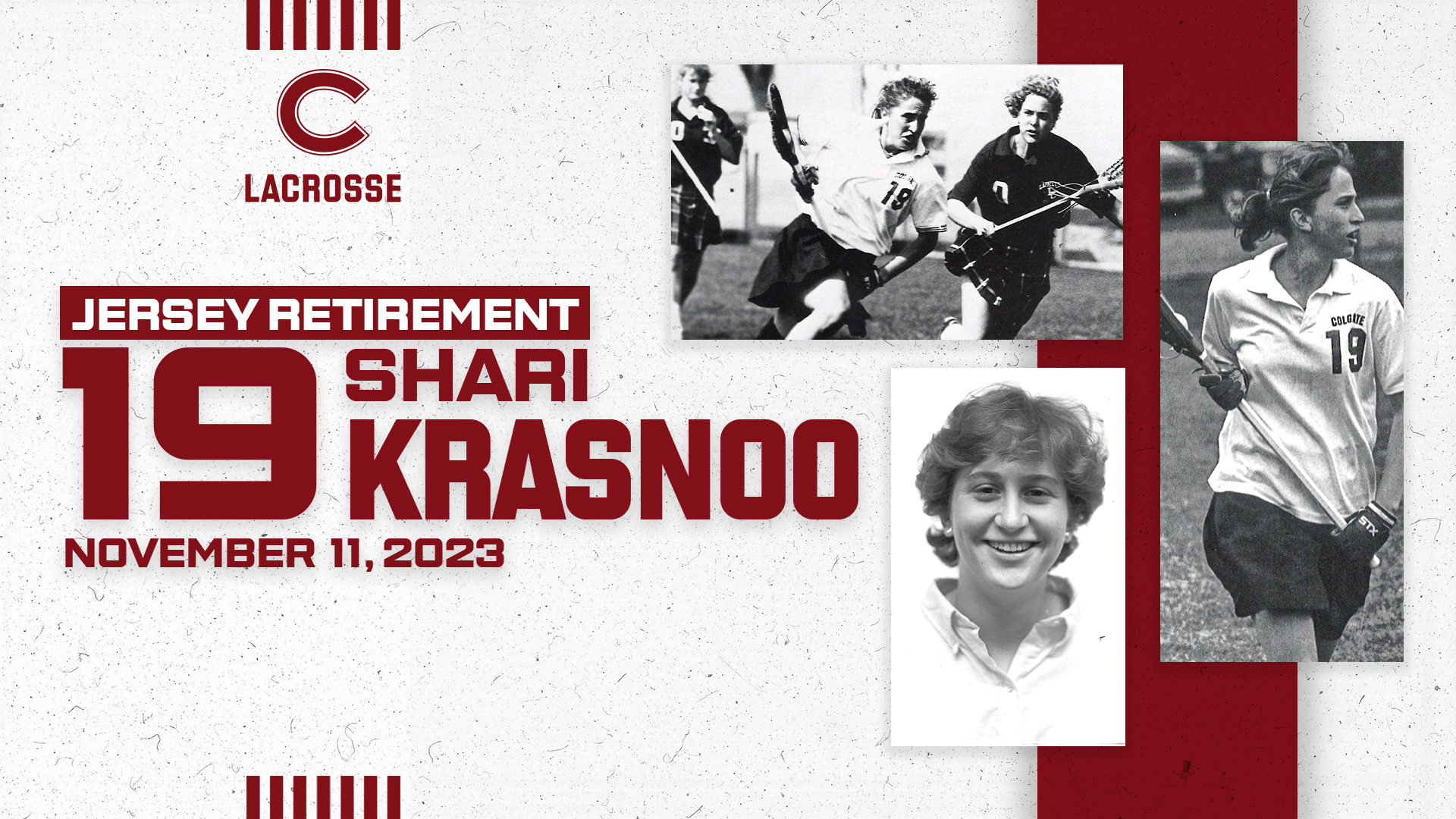 Graphic with photos of Shari Krasnoo '91; "Jersey Retirement November 11, 2023"