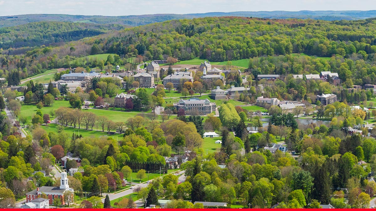 Aerial view of Colgate's campus in the distance