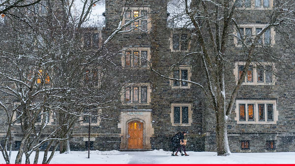 Scenic winter view of the entrance to Andrews Hall